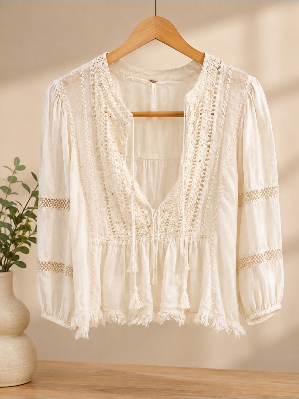 Free People Ivory Crochet Tie-Front Peasant Blouse